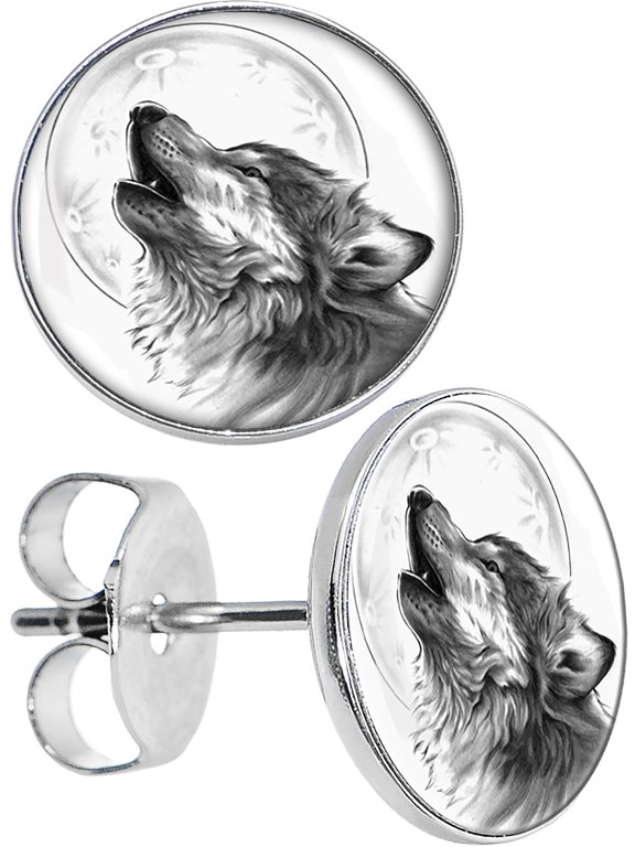 Stainless Steel Howling Wolf Stud Earrings