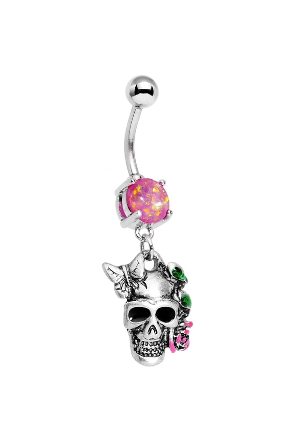Stainless Steel Iridescent Pink Accent Beautiful Butterfly Rose Skull Dangle Belly Ring