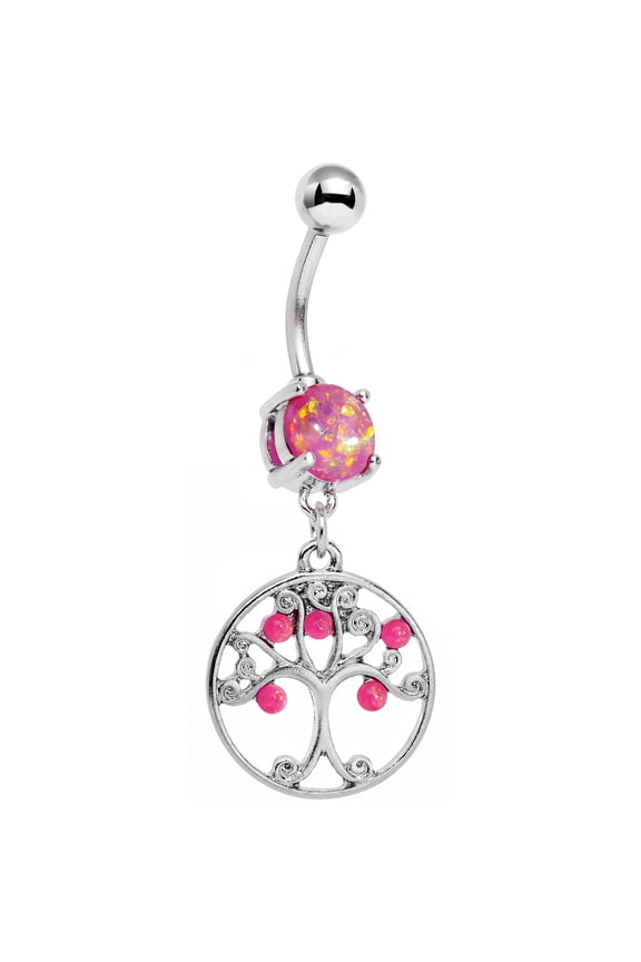 Stainless Steel Iridescent Pink Accent Terra Firma Tree of Life Dangle Belly Ring