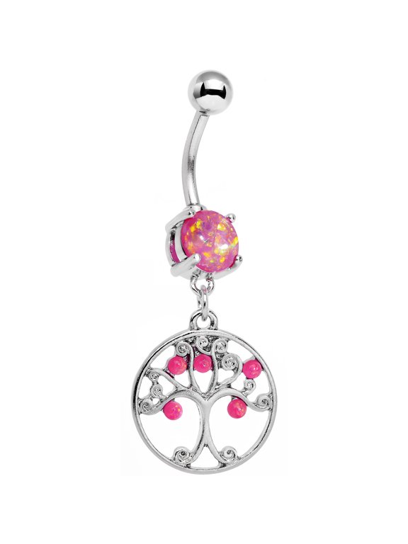 Stainless Steel Iridescent Pink Accent Terra Firma Tree of Life Dangle Belly Ring