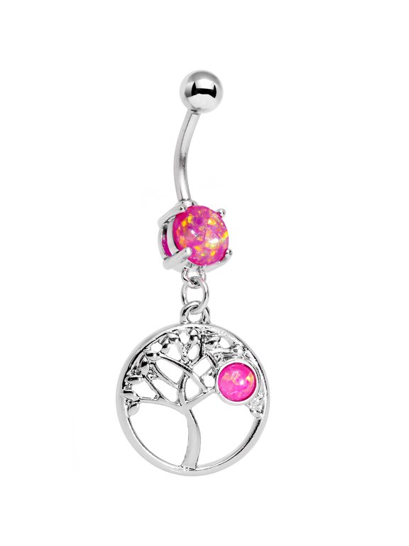 Stainless Steel Iridescent Pink Circular Frame Terra Tree of Life Dangle Belly Ring