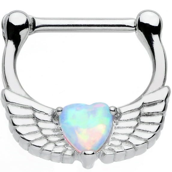 Body Candy Stainless Steel Iridescent White Heart Angel Wing Septum Clicker 16 Gauge 5/16"