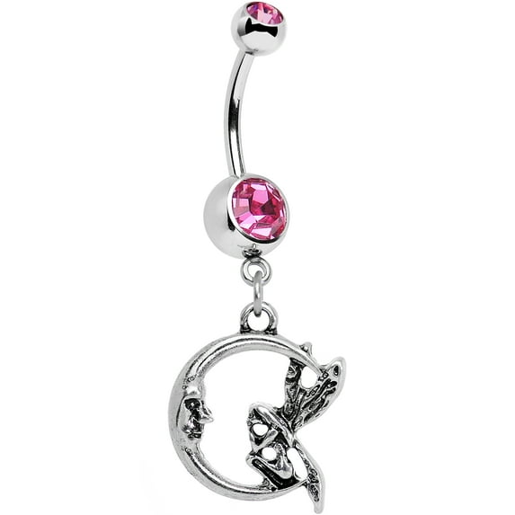 Body Candy Stainless Steel Pink Accent Fairly Fairy Moon Dangle Belly Ring