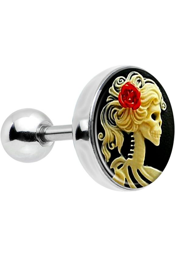 Stainless Steel Red Rose Skeleton Cameo Tragus Cartilage Earring 16 Gauge 1/4"