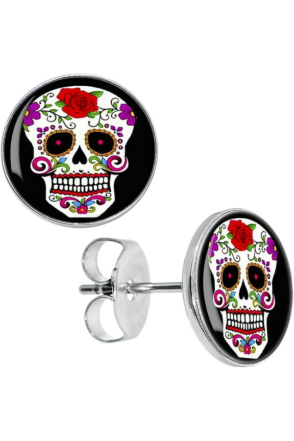 Stainless Steel White Sugar Skull Stud Earrings