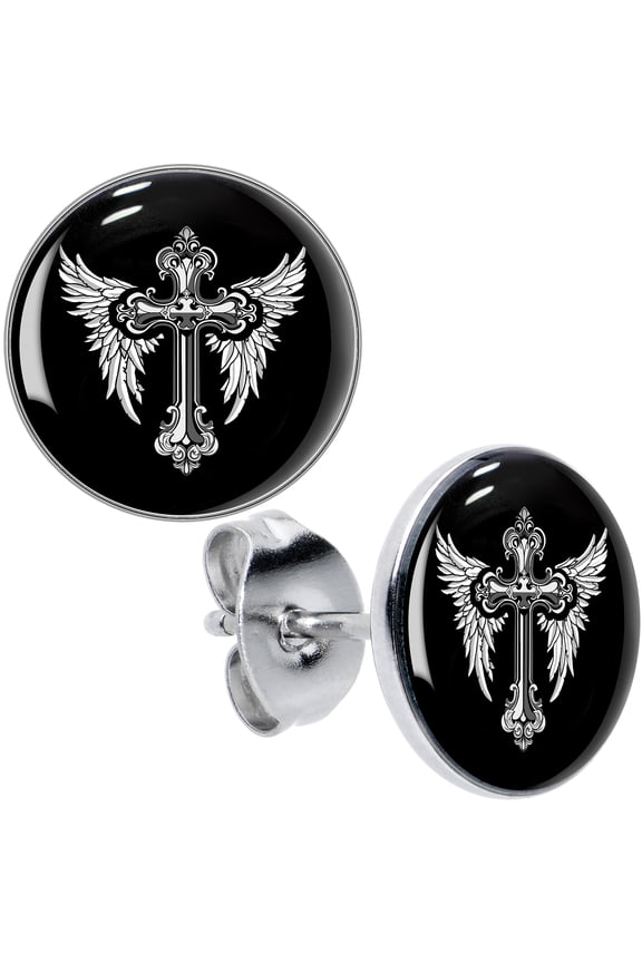 Stainless Steel Winged Cross Pierced Stud Earrings Set for Women Men