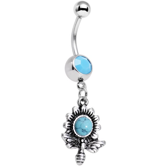 Body Candy Steel Blue Accent Buzzing Bee Favorite Flower Dangle Belly Ring