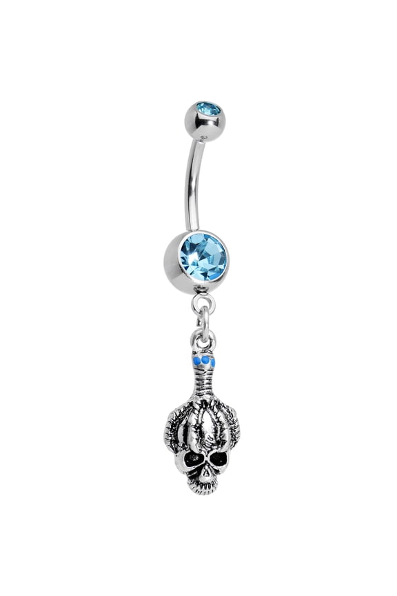 Steel Brilliant Blue Accent Halloween Shrunken Skull Dangle Belly Ring