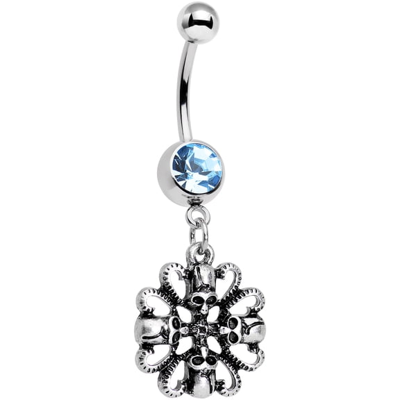 Body Candy Steel Brilliant Blue Accent Quadruple Halloween Skull and Snake Dangle Belly Ring