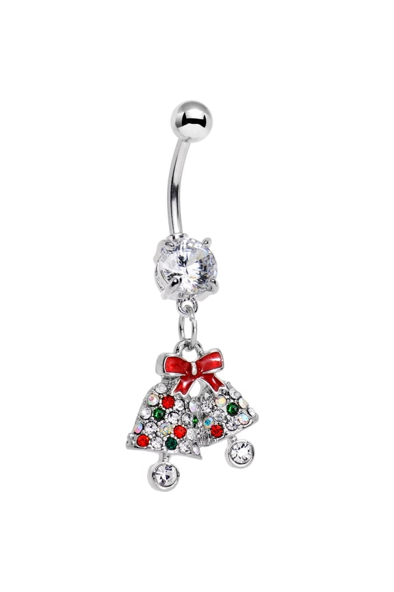 Steel Clear Accent Red Bow Rind Ding Ding Christmas Bells Dangle Belly Ring