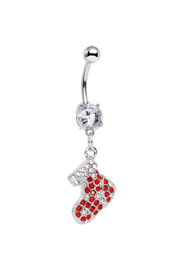 Steel Clear Accent Santa Stocking Dangle Belly Ring