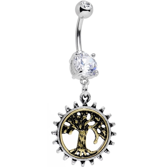 Body Candy Steel Clear Accent Steampunk Mechanical Tree of Life Dangle Belly Ring