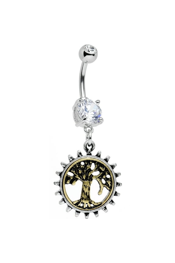 Steel Clear Accent Steampunk Mechanical Tree of Life Dangle Belly Ring