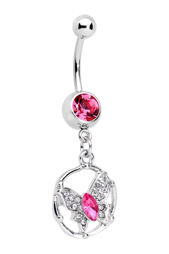 Steel Pink Accent Butterfly Halo Dangle Belly Ring