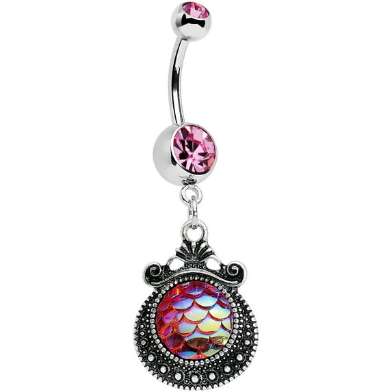 Body Candy Steel Pink Accent Iridescent Purple Mermaid Scales Dangle Belly Ring