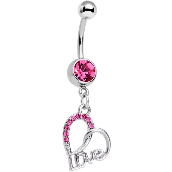 Body Candy Steel Pink Accent Love in Your Heart Dangle Belly Ring