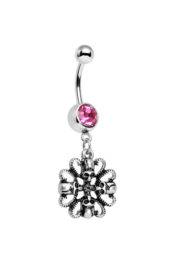 Steel Pink Accent Quadruple Halloween Skull and Snake Dangle Belly Ring