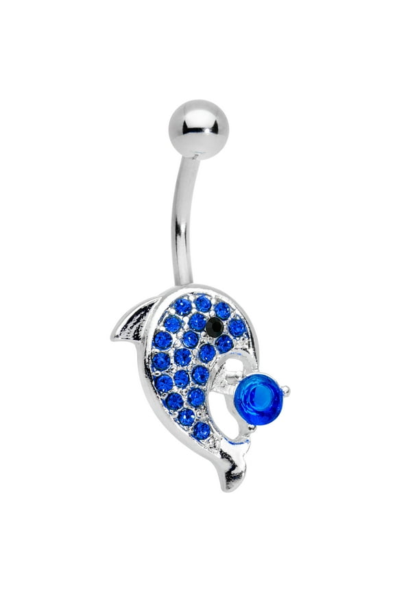 Steel Royal Blue Accent Dolphin Belly Button Ring