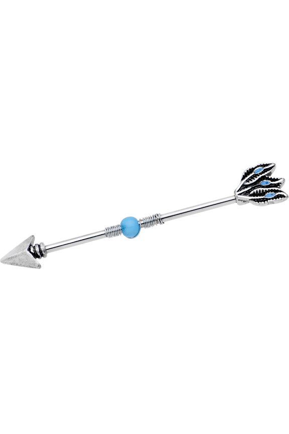 Steel Southwestern Blue Orb Feather Tailed Spear Industrial Barbell 14 Gauge 37mm