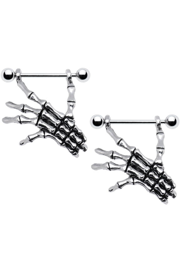 Steel Spooky Skeleton Hand Dangle Nipple Shield Set 14 Gauge 3/4"