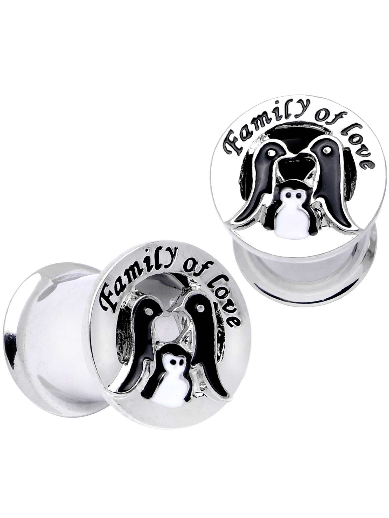 Body Candy Women 0 Gauge 2PC Steel Double Flare Tunnel Plug Set Family of Love Penguin Ear Plug Gauges 8mm