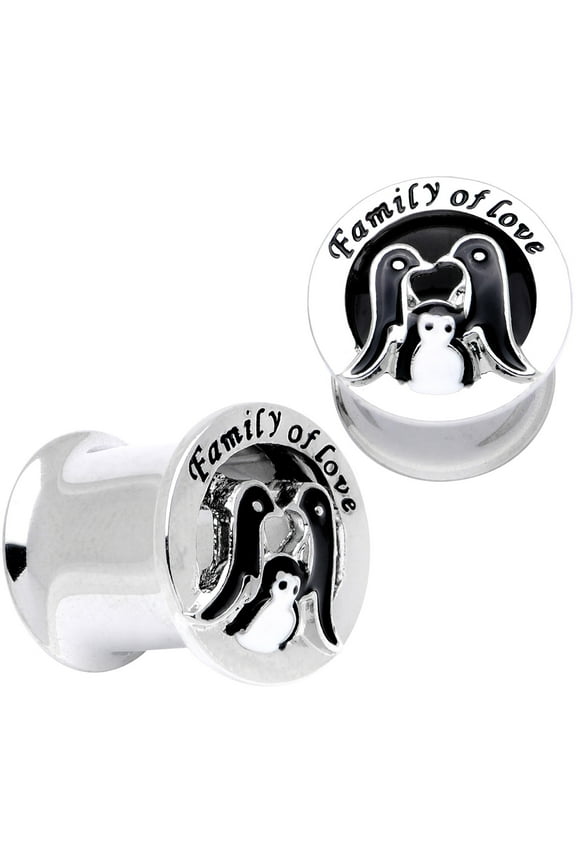 Women 00 Gauge 2PC Steel Double Flare Tunnel Plug Set Family of Love Penguin Ear Plug Gauges 10mm