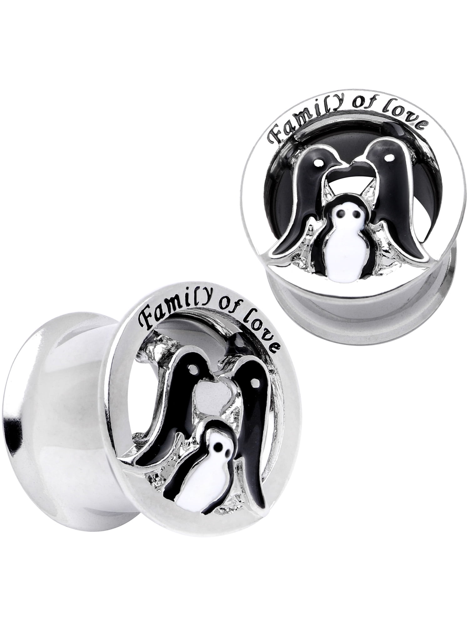 Body Candy Women 1/2" 2PC Steel Double Flare Tunnel Plug Set Family of Love Penguin Ear Plug Gauges 12mm