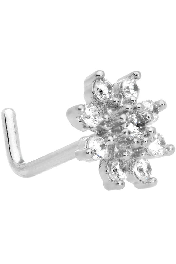 Women 20G Steel L Shaped Nose Ring Clear Accent Flower Nose Stud Body Piercing Jewelry 6mm