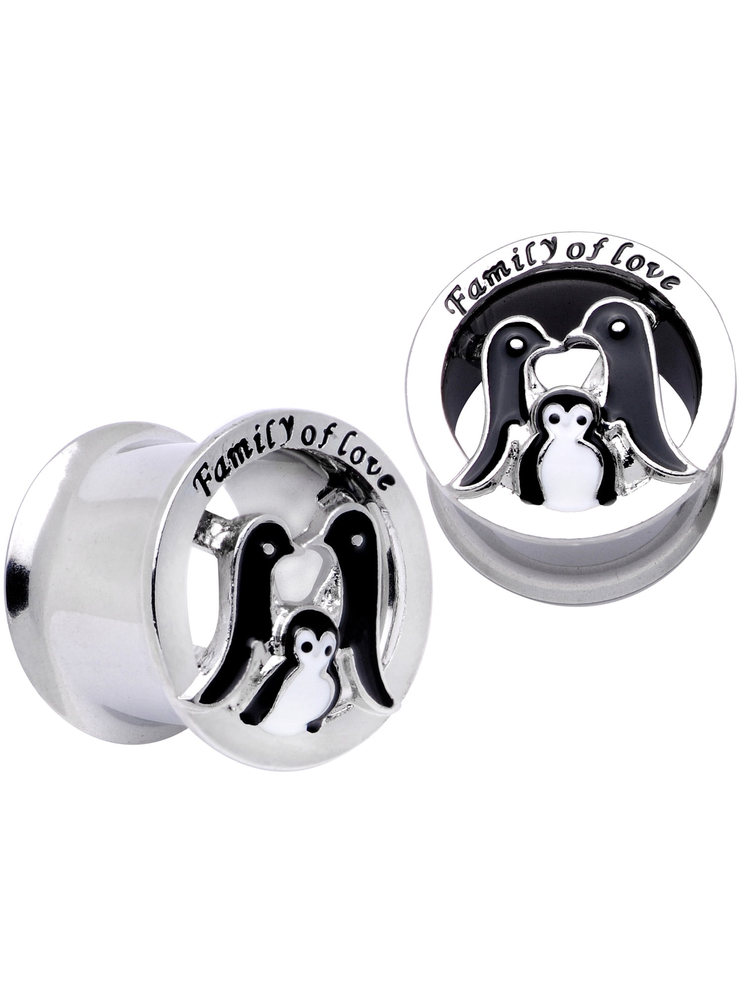 Body Candy Women 9/16" 2PC Steel Double Flare Tunnel Plug Set Family of Love Penguin Ear Plug Gauges 14mm