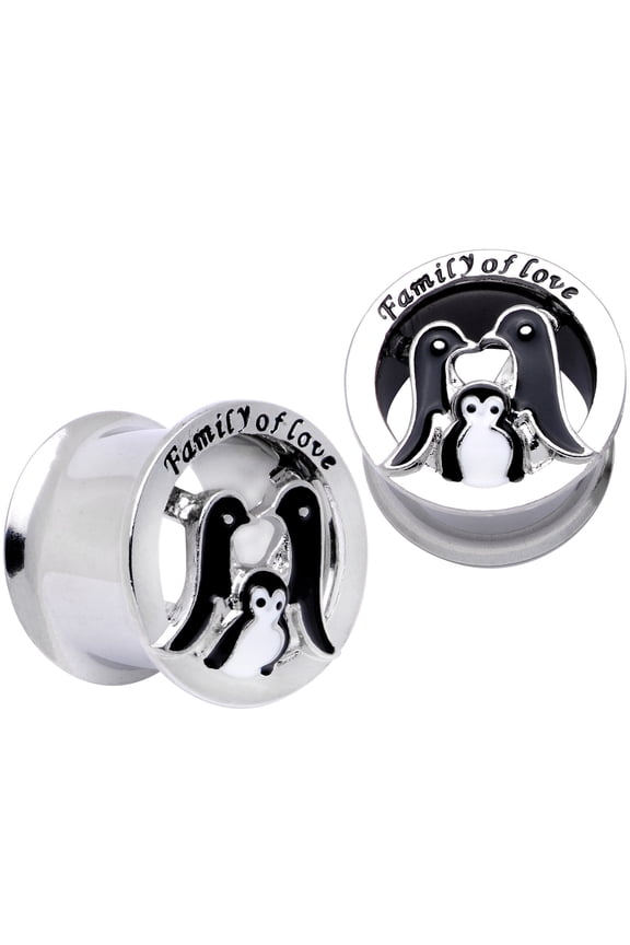 Women 9/16" 2PC Steel Double Flare Tunnel Plug Set Family of Love Penguin Ear Plug Gauges 14mm