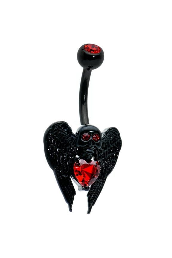 Womens 14G 316L Stainless Steel Black Piercing Winged Skull Heart Gothic Belly Button Ring