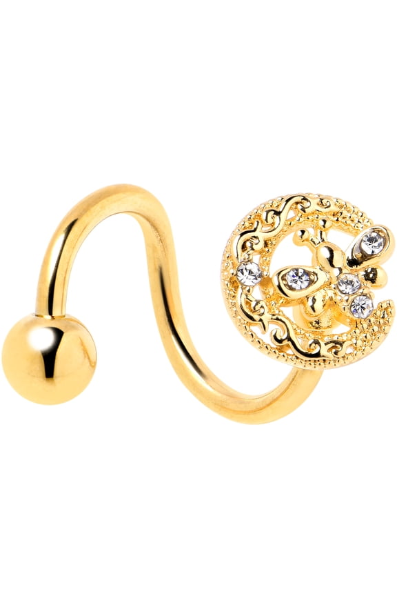 Womens 14G 316L Stainless Steel Bright Clear Accent Lunar Dragonfly Mens Spiral Twister Belly Button Ring Navel Ring