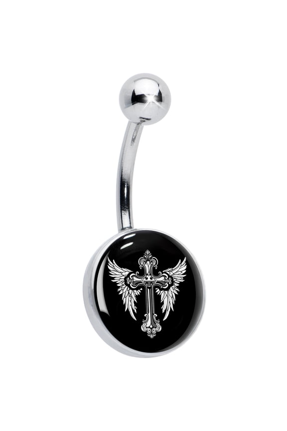 Womens 14G 316L Stainless Steel Navel Ring Piercing Black White Winged Cross Mens Belly Button Ring