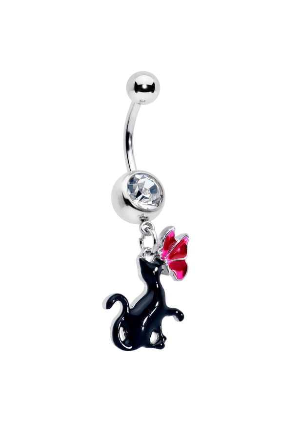 Womens 14G 316L Stainless Steel Navel Ring Piercing Butterfly Black Cat Mens Dangle Belly Button Ring