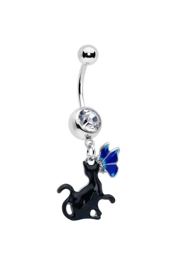 Womens 14G 316L Stainless Steel Navel Ring Piercing Butterfly Blue Black Cat Mens Dangle Belly Button Ring