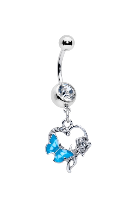 Womens 14G 316L Stainless Steel Navel Ring Piercing Butterfly Rose Flower Blue Mens Dangle Belly Button Ring