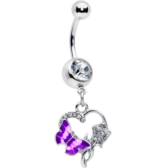 Body Candy Womens 14G 316L Stainless Steel Navel Ring Piercing Butterfly Rose Flower Purple Mens Dangle Belly Button Ring