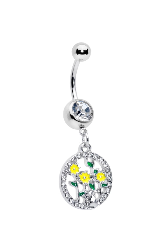 Womens 14G 316L Stainless Steel Navel Ring Piercing Cat Yellow Flowers Dangle Belly Button Ring