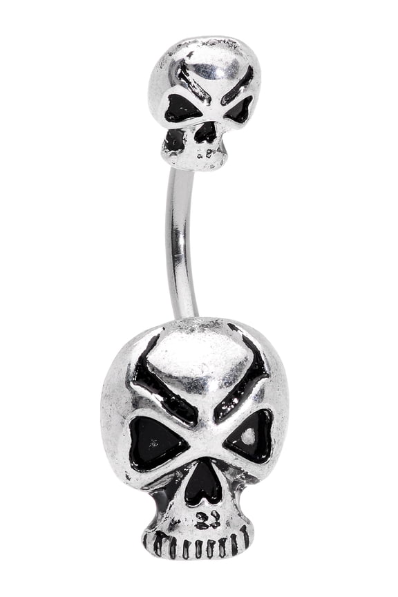 Womens 14G 316L Stainless Steel Navel Ring Piercing Double Skull Double Mount Belly Button Ring