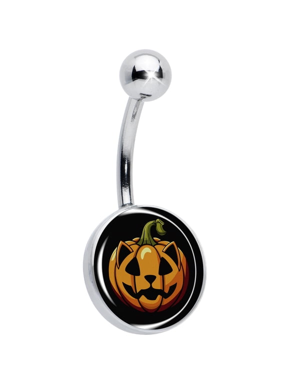 Womens 14G 316L Stainless Steel Navel Ring Piercing Orange Pumpkin Cat Jack O Lantern Mens Belly Button Ring