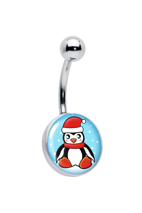 Womens 14G 316L Stainless Steel Navel Ring Piercing Snowfall Holiday Penguin Belly Button Ring