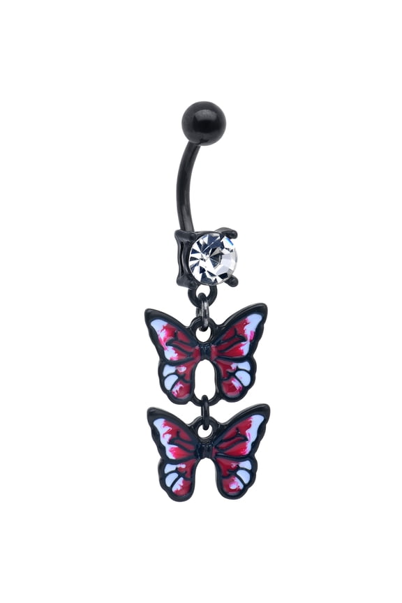 Womens 14G 316L Steel Black Navel Ring Piercing Butterfly Duo Red Mens Dangle Belly Button Ring