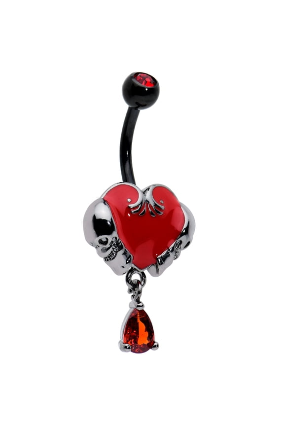 Womens 14G 316L Steel Black Piercing Double Skull Heart Cat Mens Dangle Belly Button Ring