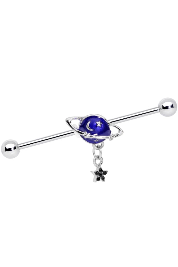 Womens 14G 316L Steel Blue Accent Planet Saturn Star Helix Cartilage Industrial Barbell 1 1/2"