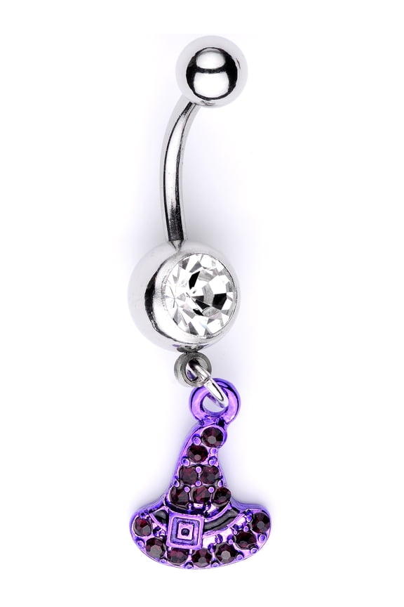 Womens 14G 316L Steel Navel Ring Piercing Black Accent Purple Witch Hat Dangle Belly Button Ring