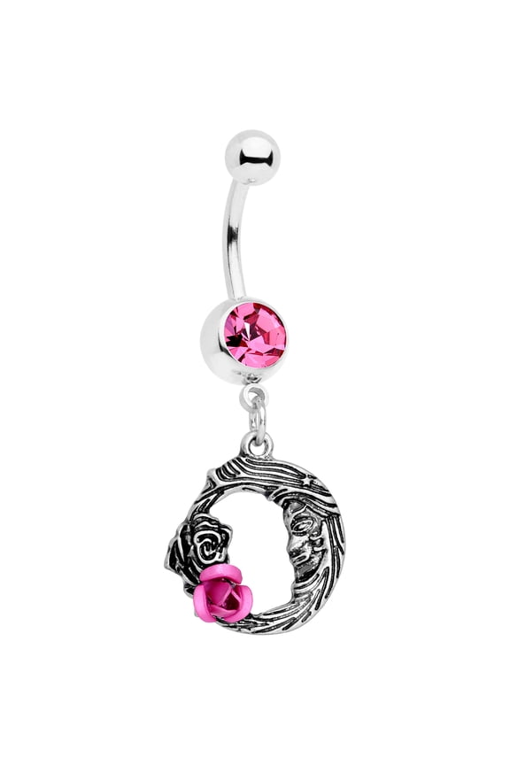 Womens 14G 316L Steel Navel Ring Piercing Pink Accent Rose Flower Moon Belly Button Ring