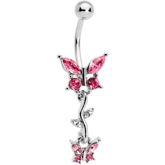 Body Candy Womens 14G 316L Steel Navel Ring Piercing Pink Vine Butterfly Dangle Belly Button Ring