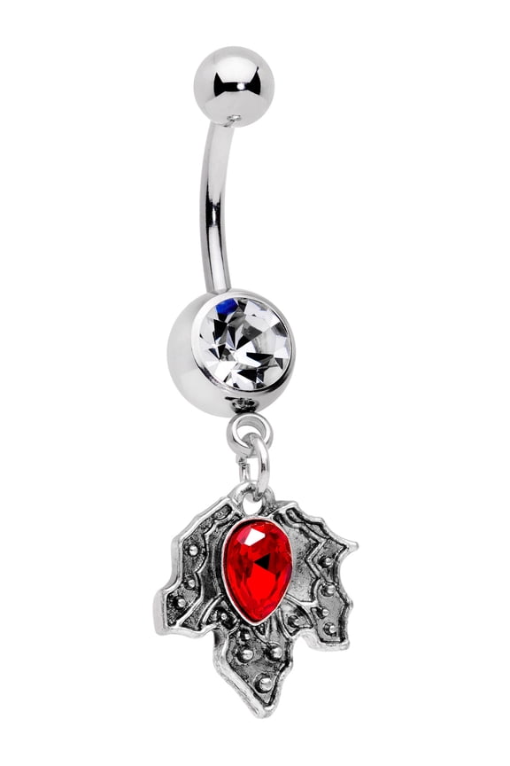 Womens 14G 316L Steel Navel Ring Piercing Red Accent Holiday Holly Leaf Dangle Belly Button Ring