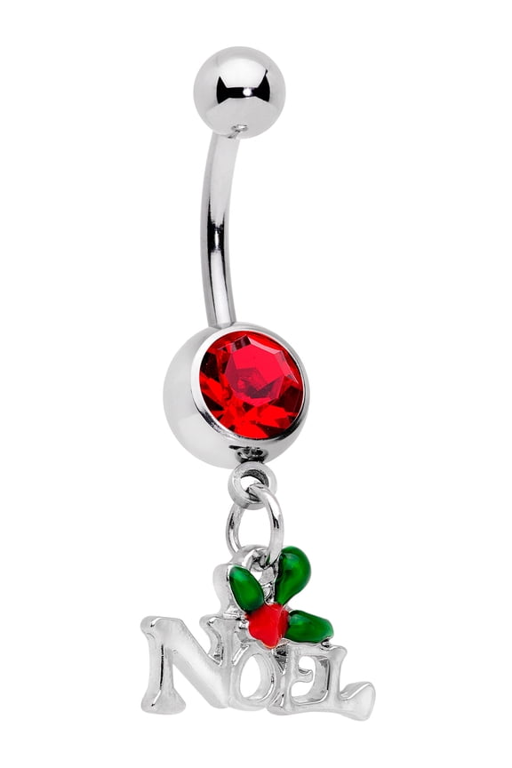 Womens 14G 316L Steel Navel Ring Piercing Red Accent Holiday Noel Winter Dangle Belly Button Ring