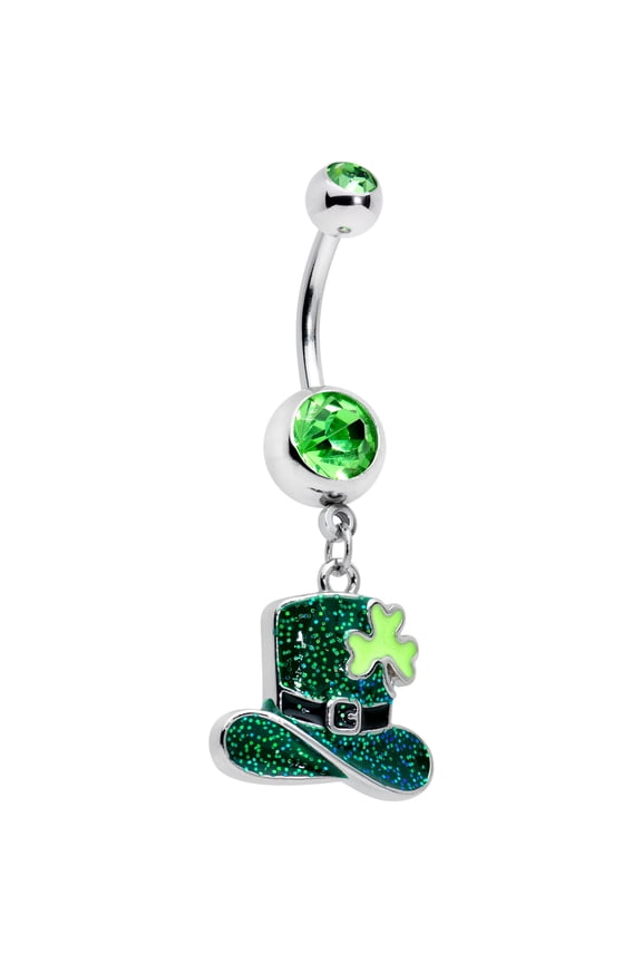 Womens 14G 316L Steel Piercing Top Hat Shamrock St Patricks Dangle Belly Button Ring
